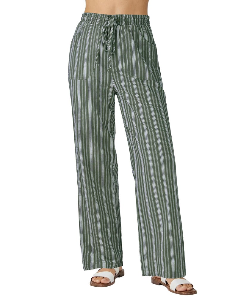 GRAPENT Linen Pants Women Summer High Waisted Wide Leg for Waist Beach Outfits Womens Striped Cotton Linen Pants, Army Green Stripe, XL, US Size 16 to 18 - Image 1
