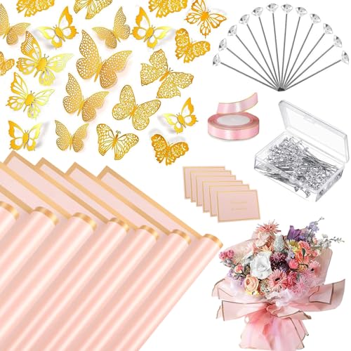 Vshinic 179Pcs Flower Wrapping Bouquet Paper Kit with 20 Sheets Pink Floral Wrapping Paper, 100 Pcs Diamond Bouquet Pins, 48Pcs 3D Gold Butterflies ,1Roll Ribbon 10 Cards for Graduation Birthday Wedding DIY Craft - Image 1