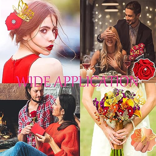 Vshinic 179Pcs Flower Wrapping Bouquet Paper Kit with 20 Sheets Pink Floral Wrapping Paper, 100 Pcs Diamond Bouquet Pins, 48Pcs 3D Gold Butterflies ,1Roll Ribbon 10 Cards for Graduation Birthday Wedding DIY Craft - Image 4
