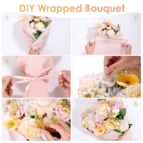 Vshinic 179Pcs Flower Wrapping Bouquet Paper Kit with 20 Sheets Pink Floral Wrapping Paper, 100 Pcs Diamond Bouquet Pins, 48Pcs 3D Gold Butterflies ,1Roll Ribbon 10 Cards for Graduation Birthday Wedding DIY Craft - Image 5