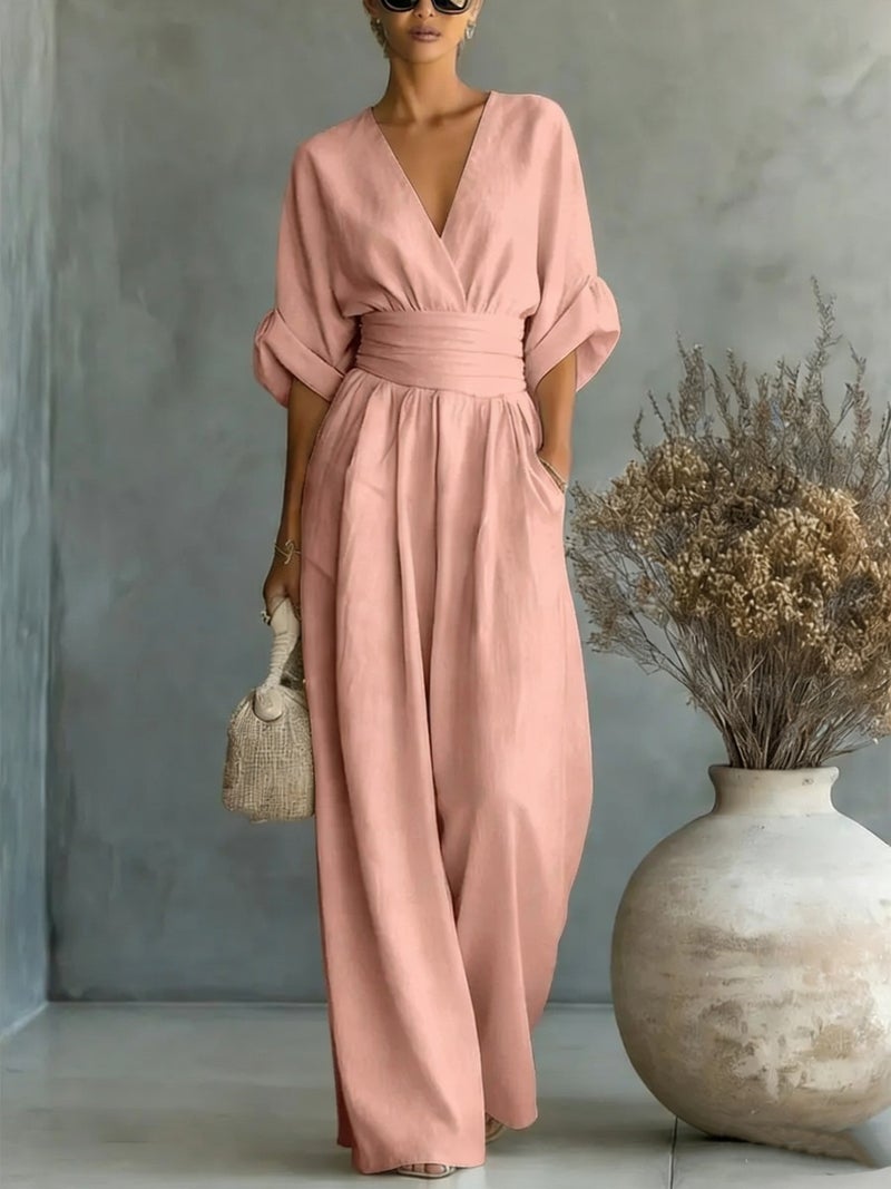 2026 European and American Cross-Border Spring/Summer New Elegant High-Waisted V-Neck Jumpsuit