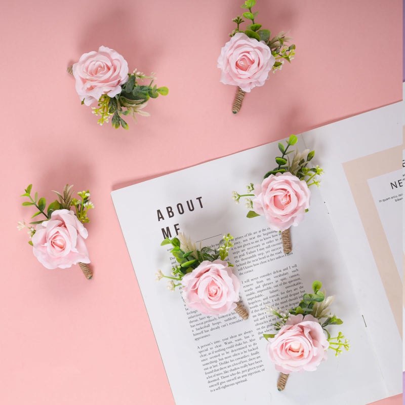 Gvhntk Pink Rose Boutonniere for Men Wedding Set of 6 Groom Groomsmen Best Man Artificial Flowers Boutonniere for Wedding Ceremony Anniversary Prom Flowers Formal Dinner Party (6  Pink  Middle) - Image 2