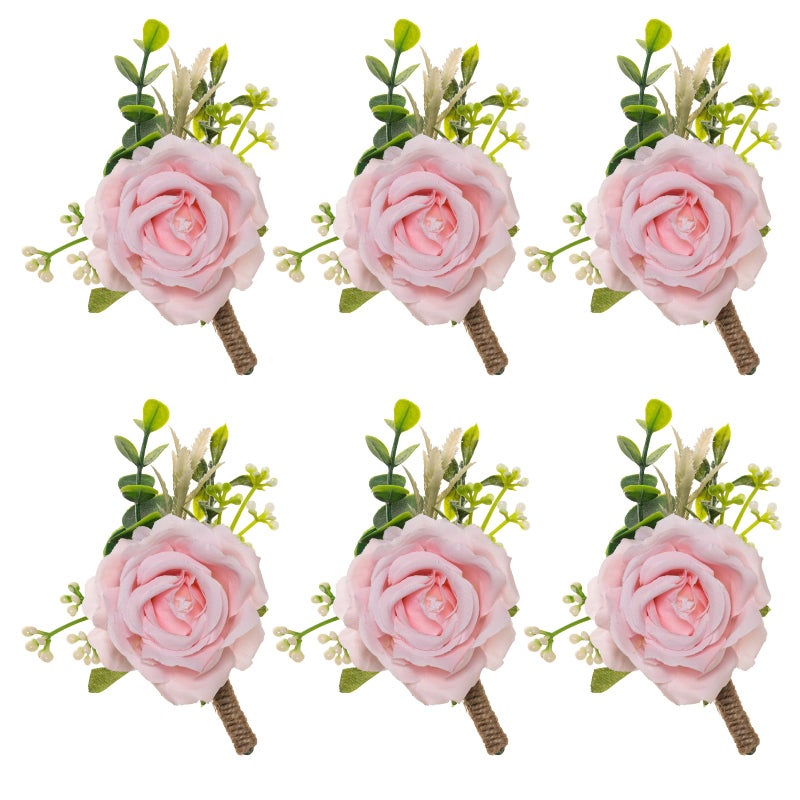 Gvhntk Pink Rose Boutonniere for Men Wedding Set of 6 Groom Groomsmen Best Man Artificial Flowers Boutonniere for Wedding Ceremony Anniversary Prom Flowers Formal Dinner Party (6  Pink  Middle) - Image 1