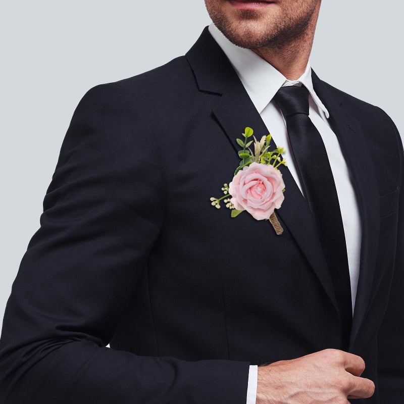 Gvhntk Pink Rose Boutonniere for Men Wedding Set of 6 Groom Groomsmen Best Man Artificial Flowers Boutonniere for Wedding Ceremony Anniversary Prom Flowers Formal Dinner Party (6  Pink  Middle) - Image 3