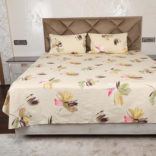 AVI 180 TC Bedsheet King Size Bed Glace Cotton with 2 Pillow Covers | 110 GSM Soft Brushed Microfiber King Size Bedsheet Cotton - Breathable & Wrinkle Free - (223 x 241 CM, Green & Yellow) - Image 1