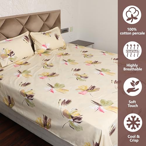 AVI 180 TC Bedsheet King Size Bed Glace Cotton with 2 Pillow Covers | 110 GSM Soft Brushed Microfiber King Size Bedsheet Cotton - Breathable & Wrinkle Free - (223 x 241 CM, Green & Yellow) - Image 4