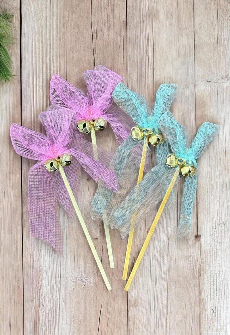 Smaran Wedding Bell Rattles for Pheras and Varmala Welcome Bells Wedding Fairy Twirling Ribbon Sticks Wands with Bell Multicolor Set of 10 - Image 1
