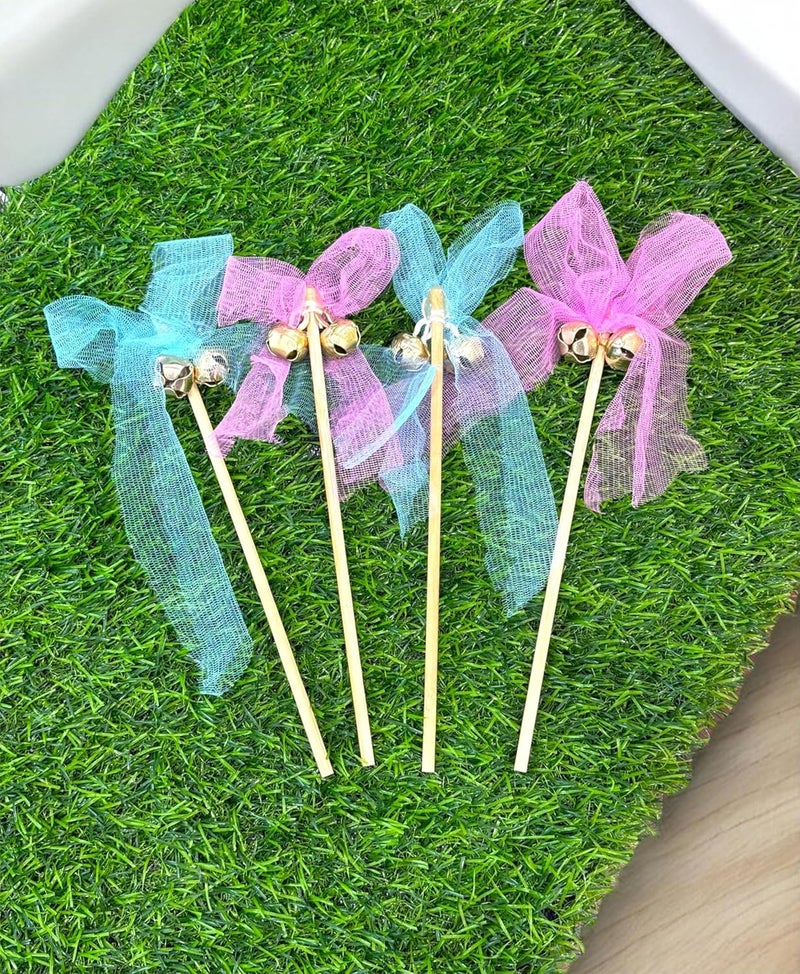 Smaran Wedding Bell Rattles for Pheras and Varmala Welcome Bells Wedding Fairy Twirling Ribbon Sticks Wands with Bell Multicolor Set of 10 - Image 2