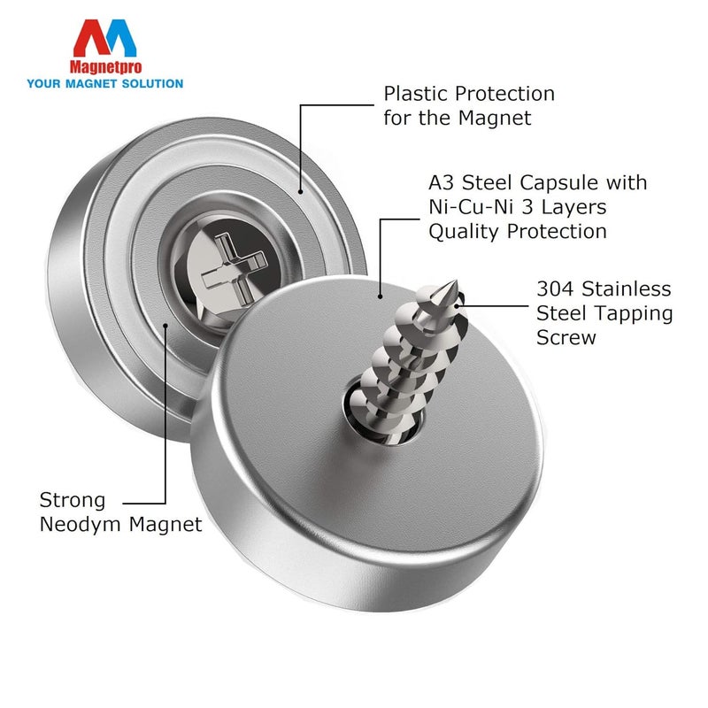 12 Pieces Magnet 10 KG Max Force 20 x 7 mm with Countersunk Hole and Steel Capsule, Pot Magnets with Screws and 12 Steel Pads (Bright Silver) - Image 2