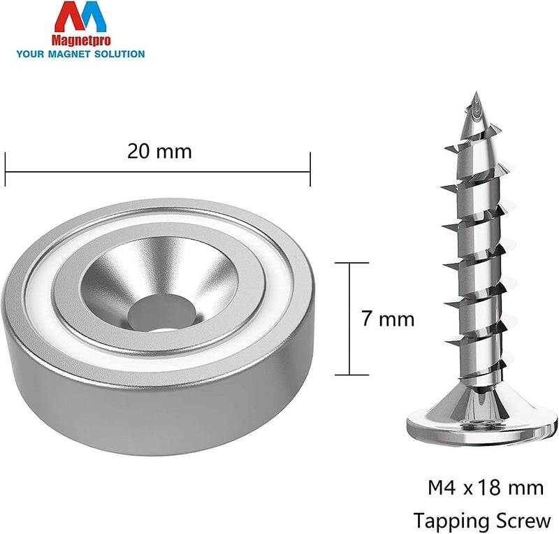 12 Pieces Magnet 10 KG Max Force 20 x 7 mm with Countersunk Hole and Steel Capsule, Pot Magnets with Screws and 12 Steel Pads (Bright Silver) - Image 4