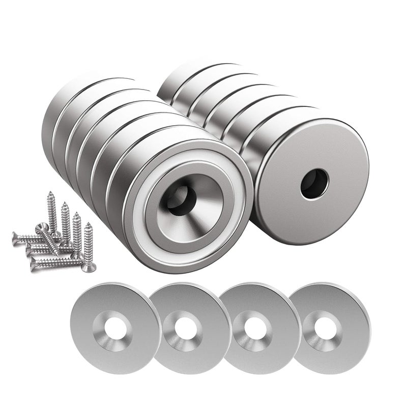 12 Pieces Magnet 10 KG Max Force 20 x 7 mm with Countersunk Hole and Steel Capsule, Pot Magnets with Screws and 12 Steel Pads (Bright Silver) - Image 1