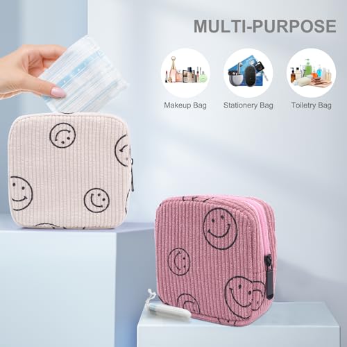 Teircno Sanitary Napkin Storage Bag,Preppy Corduroy Period Bag for Women, Cute Smiley Face,Portable Period Pouch with Zipper, Sanitary Pads Bag Tampons Holder for Purse, First Period - Image 5