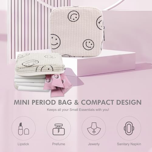 Teircno Sanitary Napkin Storage Bag,Preppy Corduroy Period Bag for Women, Cute Smiley Face,Portable Period Pouch with Zipper, Sanitary Pads Bag Tampons Holder for Purse, First Period - Image 4