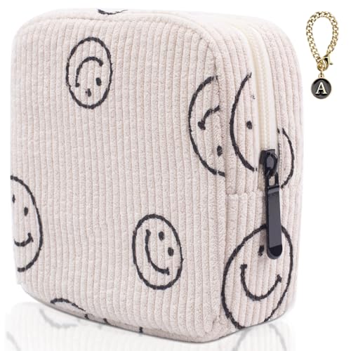 Teircno Sanitary Napkin Storage Bag,Preppy Corduroy Period Bag for Women, Cute Smiley Face,Portable Period Pouch with Zipper, Sanitary Pads Bag Tampons Holder for Purse, First Period - Image 1