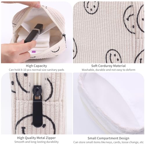 Teircno Sanitary Napkin Storage Bag,Preppy Corduroy Period Bag for Women, Cute Smiley Face,Portable Period Pouch with Zipper, Sanitary Pads Bag Tampons Holder for Purse, First Period - Image 3