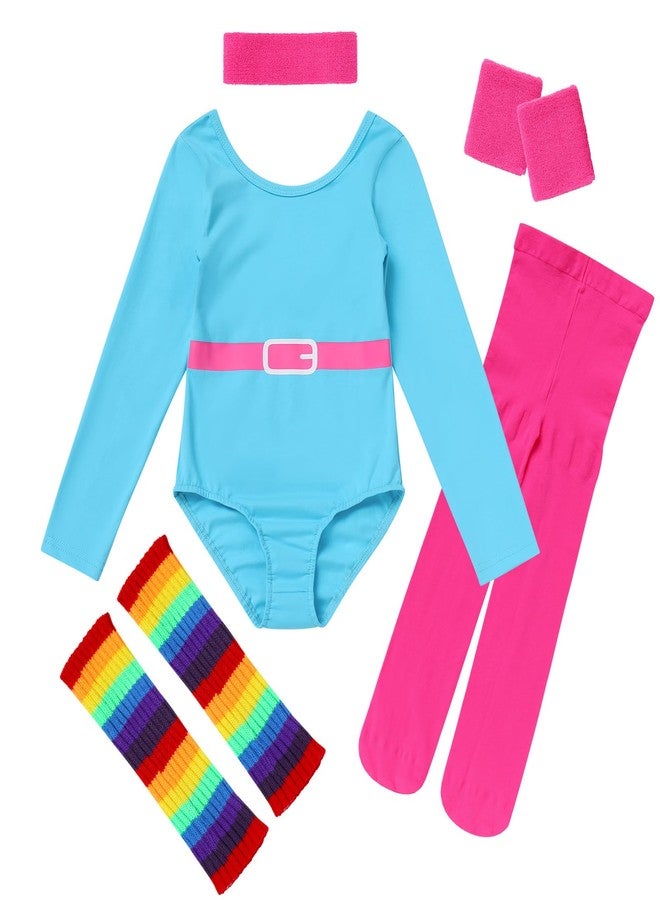 ODASDO 80s Workout Outfit For Girls Kids Retro 1980s Party Fitness Long Sleeve Leotard Gym Yoga Pants Leggings Rainbow Leg Warmers Headband Set Sportwear Blue 7-8 Years - Image 1