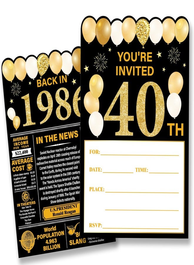 Nurawo 40th Birthday Party Invitations for Women Men, 40 Year Old Birthday Invitations, Back in 1986 Invites, 20 Fill-in-the-Blank Party Invites with Envelopes - Image 1