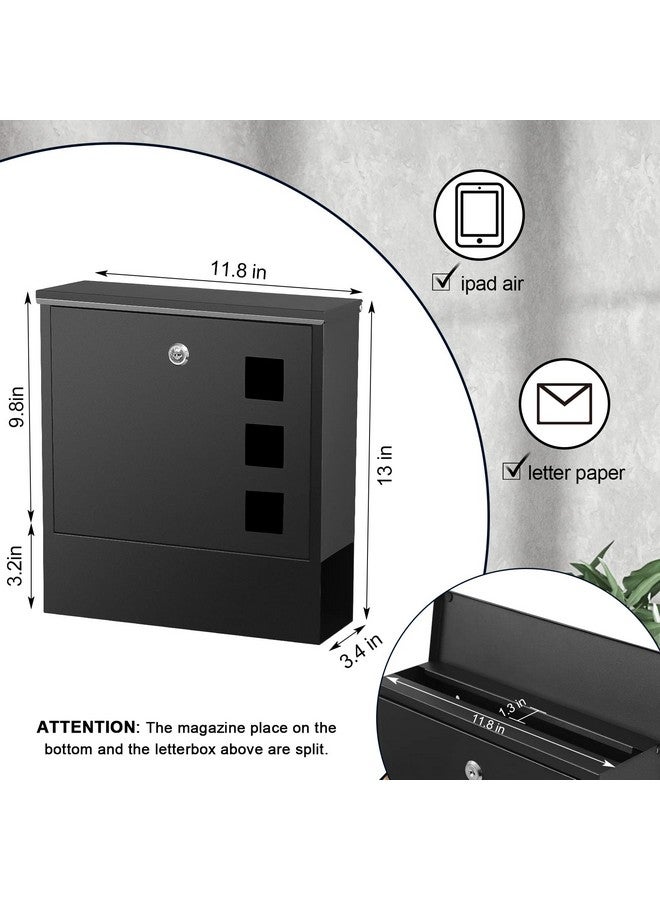 KYODOLED Locking Mailbox Wall Mount, Locked Mail Boxes, Mailbox with Key Lock for Outside, Large Capacity Drop Box for Newspapers, 13 x 3.4 x 11.8 Inch, Black - Image 1