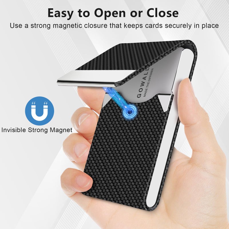 GOWALL Black Carbon Business Card Holder with Magnetic Closure, Slim Metal PU Business Card Case for Men Women, 3.7 x 2.3 inches RFID Blocking Credit Cards Holder for Pocket or Bag Storage - Image 2