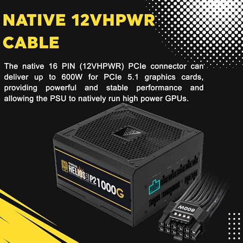 GAMDIAS Helios P2-1000 80+ Gold GEN 5 PSU | Fully Modular Low-Noise ATX Power Supply – ATX 3.1 Compliant – PCIe 5.1 Support | Native 12V-2x6 Connector – Black - Image 5