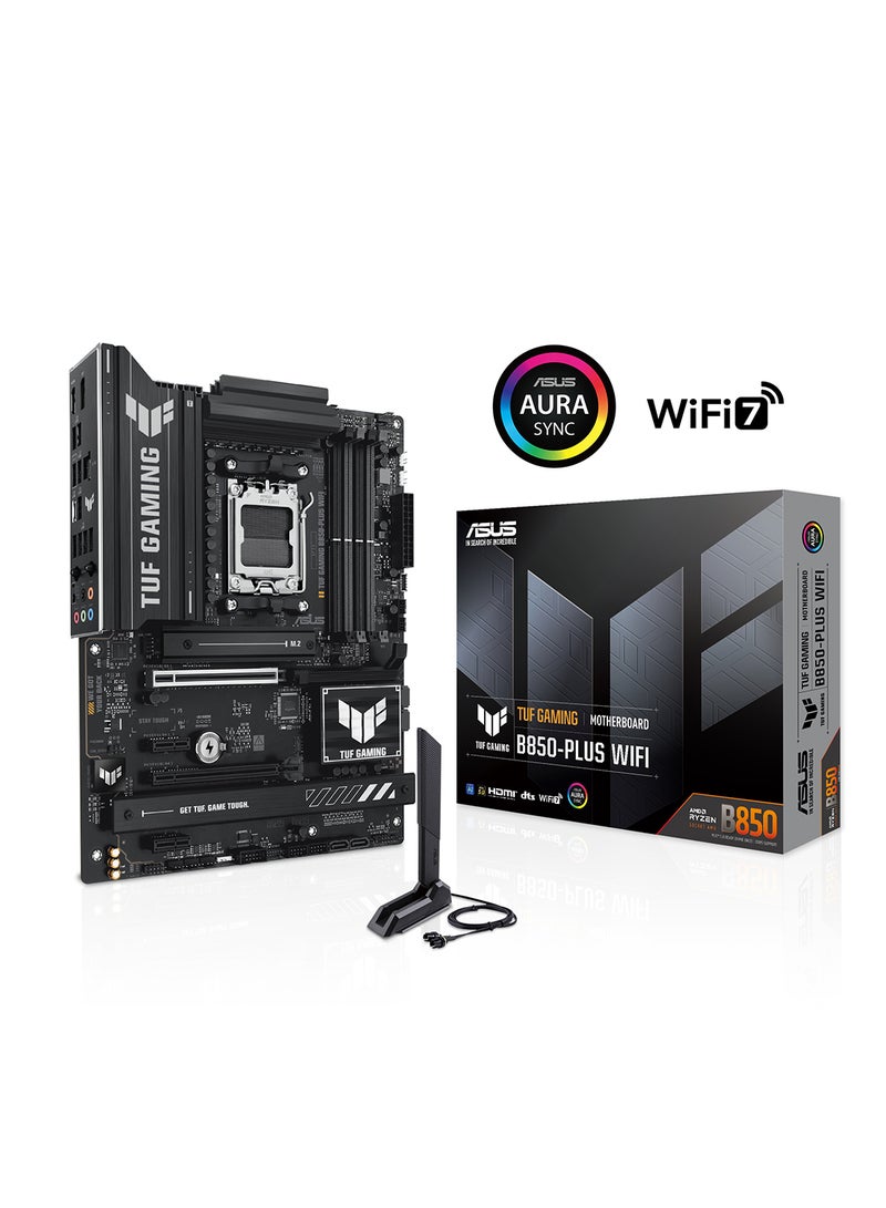 أسوس لوحة أم TUF GAMING B850-PLUS Wi-Fi ATX، مقبس AMD AM5، DDR5 (حتى 256GB)، PCIe 5.0، 3 x فتحات M.2، إيثرنت Realtek 2.5Gb، Wi-Fi 7، بلوتوث 5.4، 14+2+1 مراحل الطاقة، USB 20Gbps نوع-C، HDMI 2.1، DisplayPort، Aura Sync، BIOS FlashBack | 90MB1J30-M0EAY0 - Image 1
