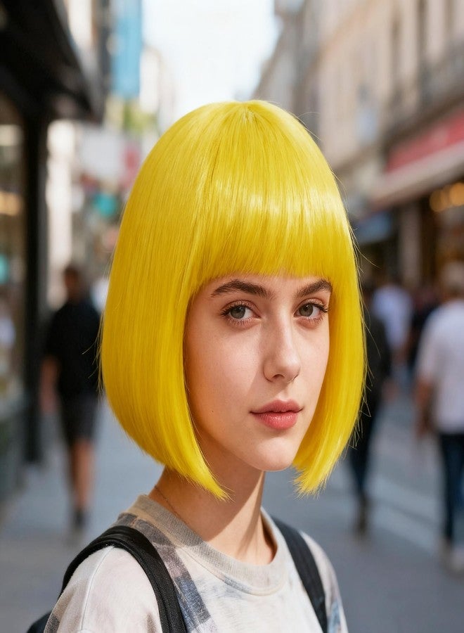 PPhtony شعر مستعار بوب قصير مستقيم بتصميم كلاسيكي من السبعينيات مع غرة مسطحة للنساء، مناسب لحفلات الهالوين وأعياد الميلاد والتنكر (ذهبي) - Image 5
