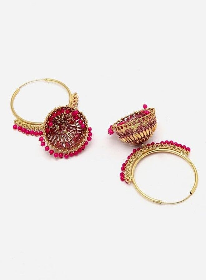 SRINIKA Oxidized Gold-Plated Pink Beaded Handcrafted Dome Shaped Jhumkas Earrings Alloy Earring Set - Image 4