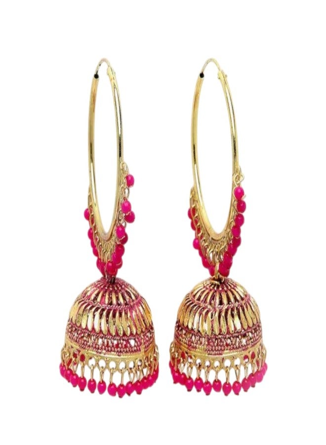 SRINIKA Oxidized Gold-Plated Pink Beaded Handcrafted Dome Shaped Jhumkas Earrings Alloy Earring Set - Image 3