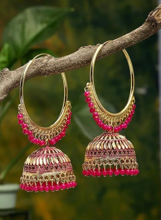 SRINIKA Oxidized Gold-Plated Pink Beaded Handcrafted Dome Shaped Jhumkas Earrings Alloy Earring Set - Image 5