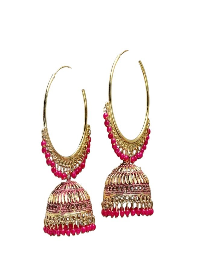 SRINIKA Oxidized Gold-Plated Pink Beaded Handcrafted Dome Shaped Jhumkas Earrings Alloy Earring Set - Image 2