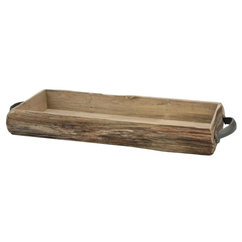 Stonebriar Rectangle Natural Wood Bark Serving Tray with Metal Handles Rustic Butler Tray Country Centerpiece for Dining Table Unique Candle Holder Desk Organizer for Documents217 x 79 Brown