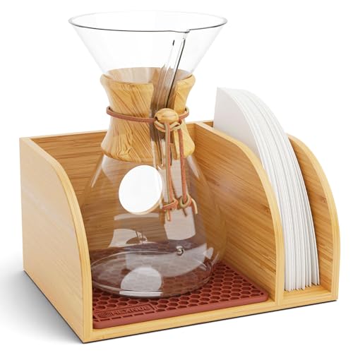 HEXNUB Bamboo Caddy for Pour Over Coffee Maker, Fits Chemex, Bodum, Cosori, Heatproof Mat, Filter Holder - Image 1