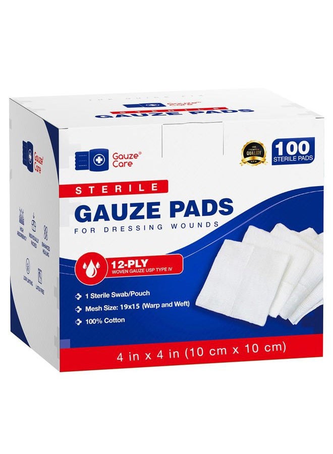 Gauze Care 100 قطعة من ضمادات الشاش الكبيرة المعقمة 4x4 للجرح بالجملة - شاش منسوج 12 طبقة 4x4 معقم - شبكة قابلة للتنفس 4x4 من ضمادات الشاش المعقمة لامتصاص أفضل - الإسعافات الأولية الطبية - Image 1