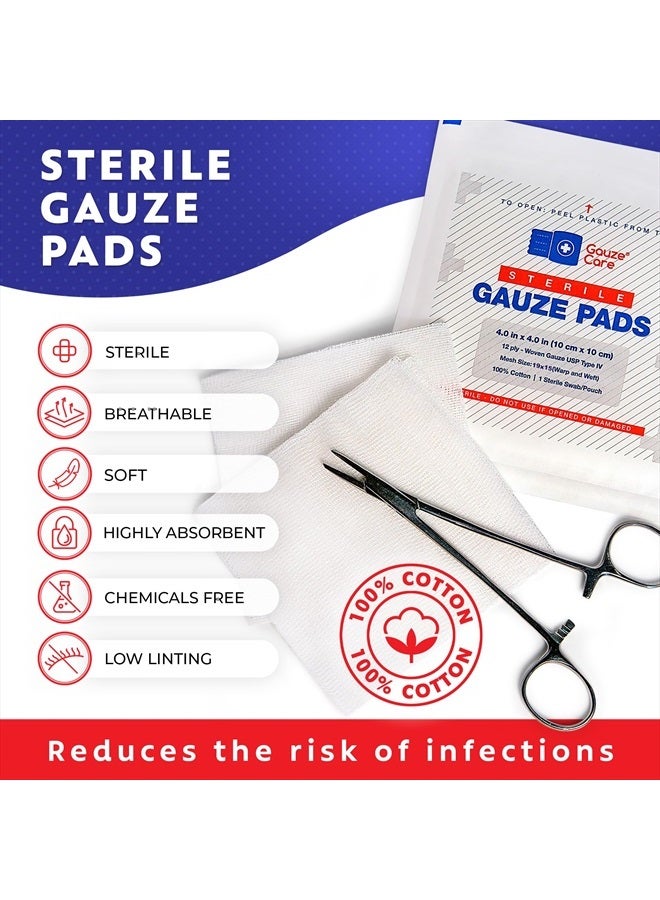 Gauze Care 100 قطعة من ضمادات الشاش الكبيرة المعقمة 4x4 للجرح بالجملة - شاش منسوج 12 طبقة 4x4 معقم - شبكة قابلة للتنفس 4x4 من ضمادات الشاش المعقمة لامتصاص أفضل - الإسعافات الأولية الطبية - Image 2