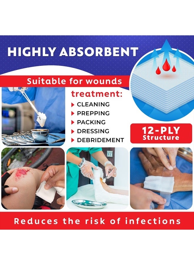Gauze Care 100 قطعة من ضمادات الشاش الكبيرة المعقمة 4x4 للجرح بالجملة - شاش منسوج 12 طبقة 4x4 معقم - شبكة قابلة للتنفس 4x4 من ضمادات الشاش المعقمة لامتصاص أفضل - الإسعافات الأولية الطبية - Image 3