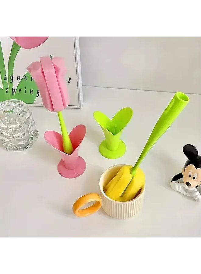 Reusable Long Handle Cup Brush With Yellow Sponge Head For Bottle Jar Cleaning - Image 1