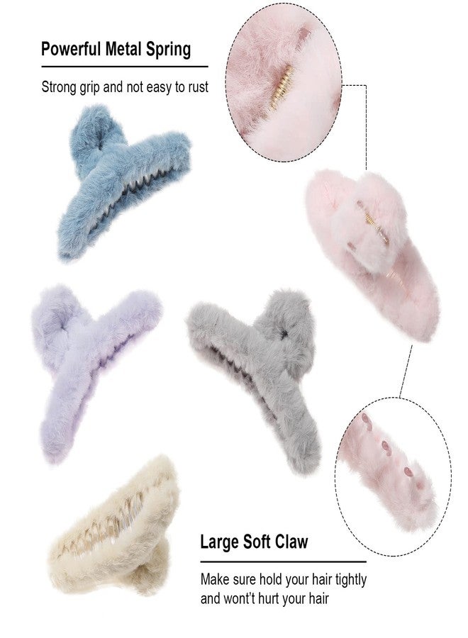 AWAYTR 5PCS Large Claw Hair Clips for Thick Hair Big Fuzzy Hair Clips for Women Nonslip Strong Hold Hair Claw Clip (Plush (Blue+Grey+Pink+Purple+Beige)) - Image 3