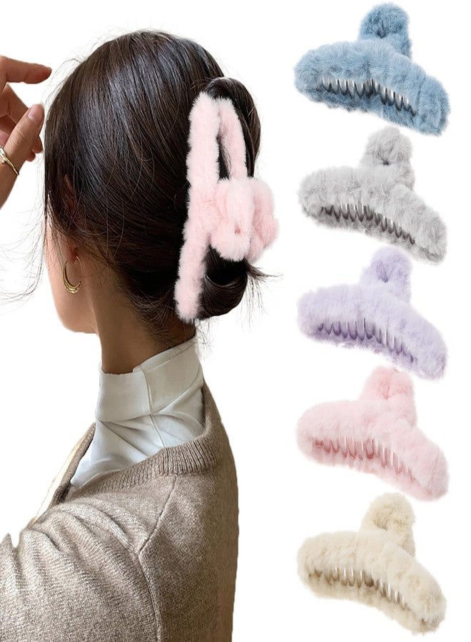 AWAYTR 5PCS Large Claw Hair Clips for Thick Hair Big Fuzzy Hair Clips for Women Nonslip Strong Hold Hair Claw Clip (Plush (Blue+Grey+Pink+Purple+Beige)) - Image 1