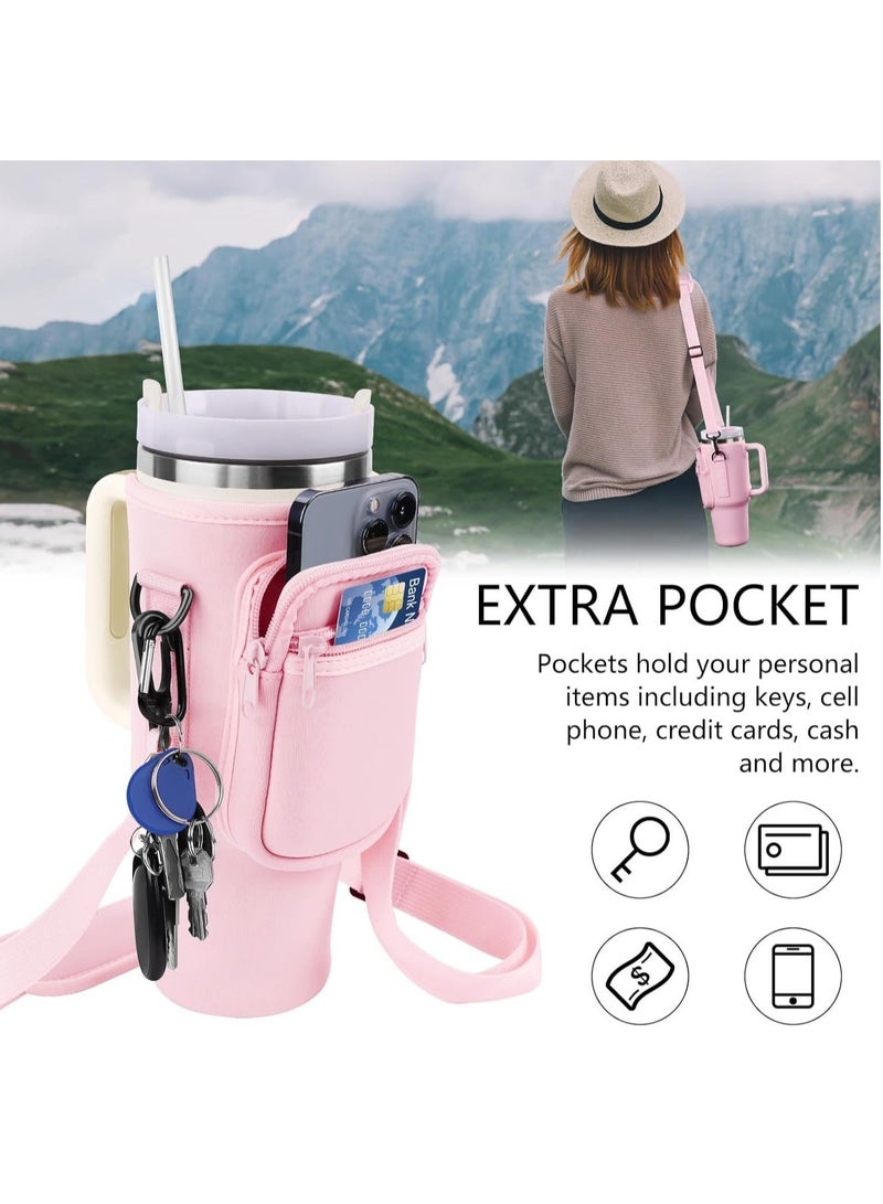 Water Bottle Carrier Bag for Stanley 40oz Tumbler, Water Bottle Holder with Pouch and Adjustable Strap, Sleeve Accessories with Pocket for 40oz Cup (Pink) - Image 5