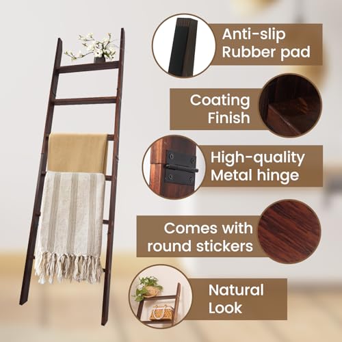 HYBDAMAI Blanket Ladder, 6-Tier Wooden Quilt Stand, Decorative Ladder Shelf, Leaning Shelf, Wall Leaning Blanket Ladder Towel Storage Rack for Living Room (Brown) - Image 4