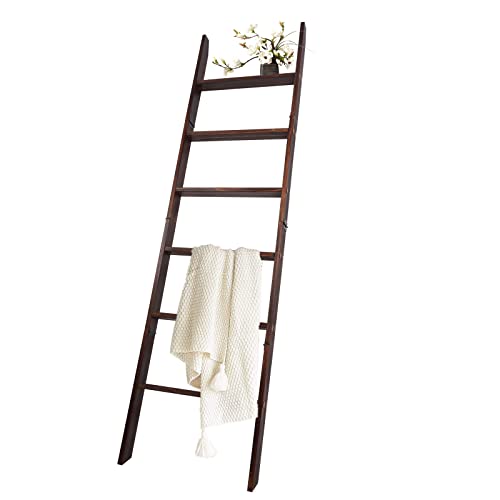 HYBDAMAI Blanket Ladder, 6-Tier Wooden Quilt Stand, Decorative Ladder Shelf, Leaning Shelf, Wall Leaning Blanket Ladder Towel Storage Rack for Living Room (Brown) - Image 1