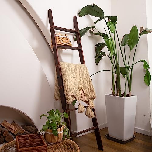 HYBDAMAI Blanket Ladder, 6-Tier Wooden Quilt Stand, Decorative Ladder Shelf, Leaning Shelf, Wall Leaning Blanket Ladder Towel Storage Rack for Living Room (Brown) - Image 5