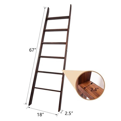 HYBDAMAI Blanket Ladder, 6-Tier Wooden Quilt Stand, Decorative Ladder Shelf, Leaning Shelf, Wall Leaning Blanket Ladder Towel Storage Rack for Living Room (Brown) - Image 2