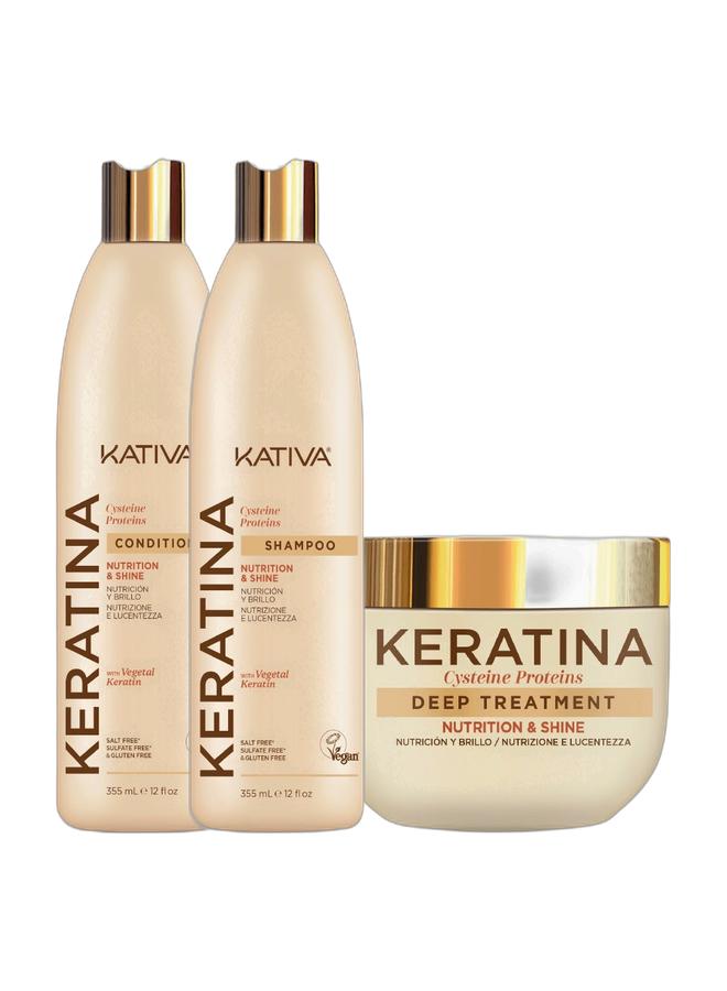 Kativa Keratina Shampoo 355 ml & Kativa Keratin Treatment 300 ml & Kativa Keratina Conditioner 355 ml Bundle - Image 1