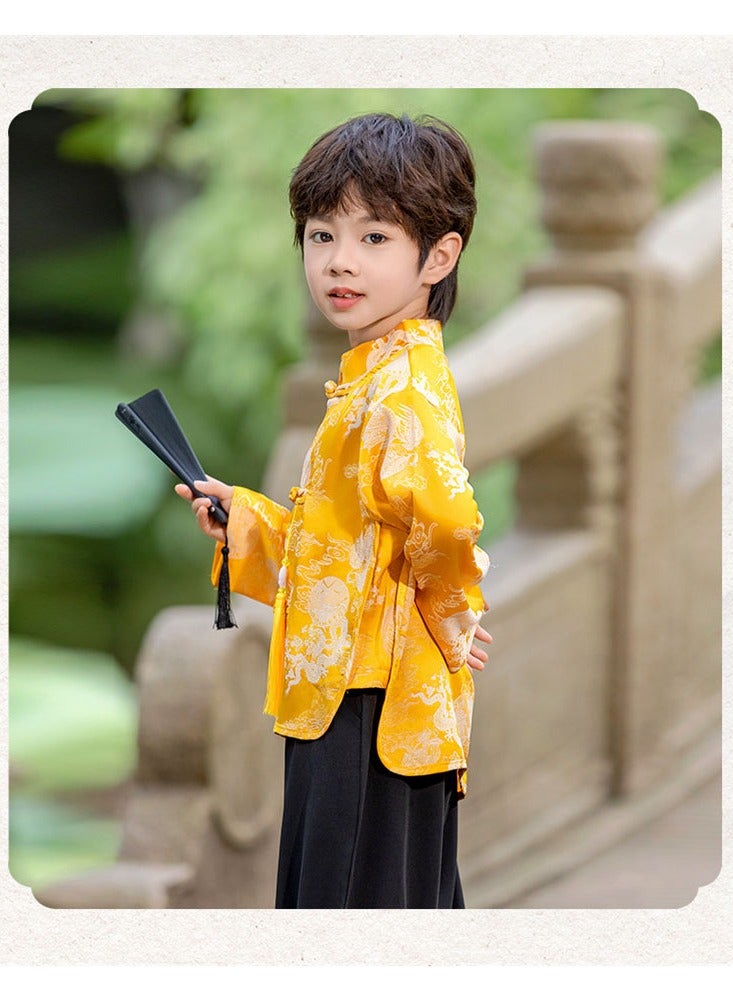 LiangSanZhi Boys' Chinese Tang Suit Outfit - Gold & Jade Themed Traditional Hanfu Costume, Modified Neo-Chinese Style Spring/Autumn Festival Wear for Kids  - Image 2