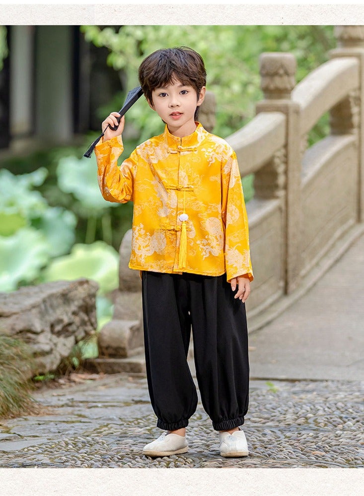 LiangSanZhi Boys' Chinese Tang Suit Outfit - Gold & Jade Themed Traditional Hanfu Costume, Modified Neo-Chinese Style Spring/Autumn Festival Wear for Kids  - Image 3