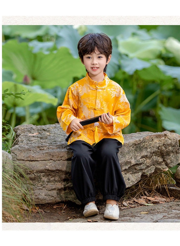 LiangSanZhi Boys' Chinese Tang Suit Outfit - Gold & Jade Themed Traditional Hanfu Costume, Modified Neo-Chinese Style Spring/Autumn Festival Wear for Kids  - Image 4