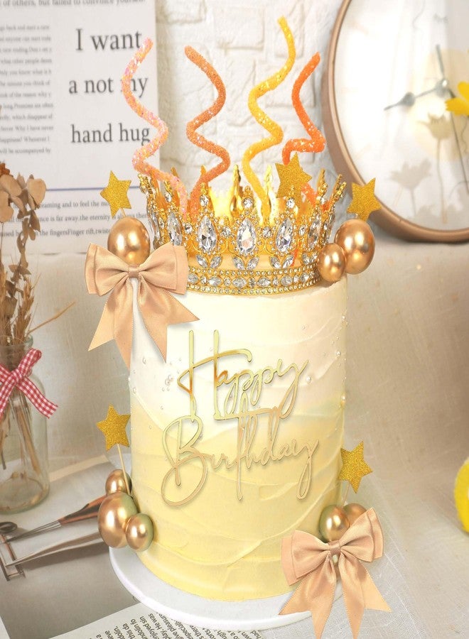 DRWATE Crown Cake Topper Happy Birthday Cake Topper with Gold Bows Stars Pearl Balls for Women Wedding Birthday - Image 4