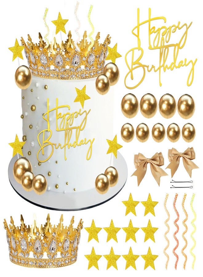 DRWATE Crown Cake Topper Happy Birthday Cake Topper with Gold Bows Stars Pearl Balls for Women Wedding Birthday - Image 1