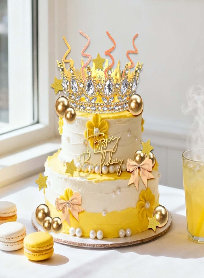 DRWATE Crown Cake Topper Happy Birthday Cake Topper with Gold Bows Stars Pearl Balls for Women Wedding Birthday - Image 5